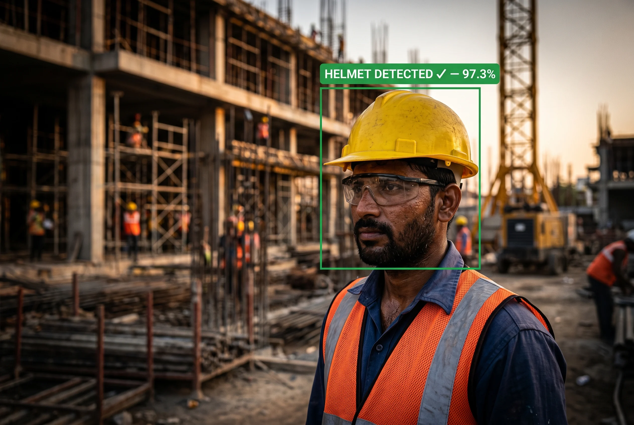 AI detecting hard hat and helmet on a worker via CCTV